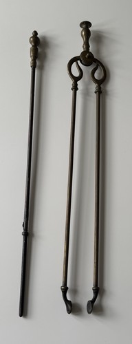 Antique brass fire tongs and - antique,